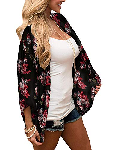 YULOONG Damenmode Bademode Vertuschung Chiffon Blumendruck Kimono Lose Schal Strickjacke Sommer Bluse Bademode Capes, Schwarz B, 3XL von YULOONG