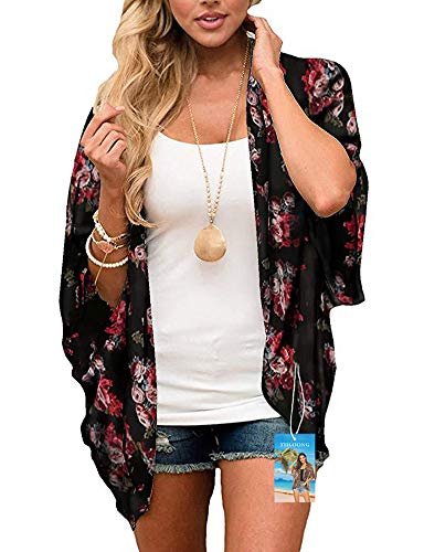 YULOONG Damenmode Bademode Vertuschung Chiffon Blumendruck Kimono Lose Schal Strickjacke Sommer Bluse Bademode Capes, Schwarz B, L von YULOONG