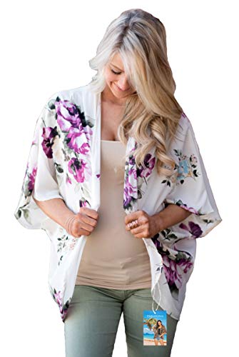 YULOONG Damenmode Bademode Vertuschung Chiffon Blumendruck Kimono Lose Schal Strickjacke Sommer Bluse Bademode Capes, Weiß A, L von YULOONG