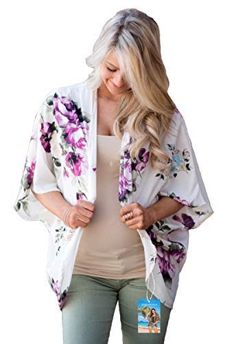 YULOONG Damenmode Bademode Vertuschung Chiffon Blumendruck Kimono Lose Schal Strickjacke Sommer Bluse Bademode Capes, Weiß A, XL von YULOONG