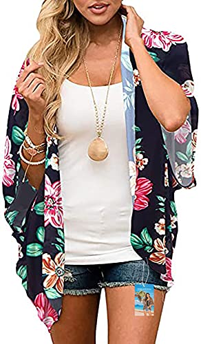 YULOONG Damenmode Bademode Vertuschung Chiffon Blumendruck Kimono Lose Schal Strickjacke Sommer Bluse Bademode Capes,Marine B,XL von YULOONG