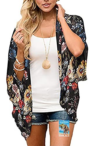 YULOONG Damenmode Bademode Vertuschung Chiffon Blumendruck Kimono Lose Schal Strickjacke Sommer Bluse Bademode Capes,Schwarz C,L von YULOONG