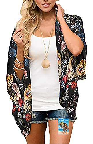 YULOONG Damenmode Bademode Vertuschung Chiffon Blumendruck Kimono Lose Schal Strickjacke Sommer Bluse Bademode Capes,Schwarz C,XXL von YULOONG