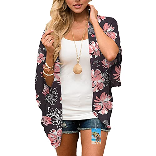 YULOONG Damenmode Bademode Vertuschung Chiffon Blumendruck Kimono Lose Schal Strickjacke Sommer Bluse Bademode Capes,Schwarz D,3XL von YULOONG