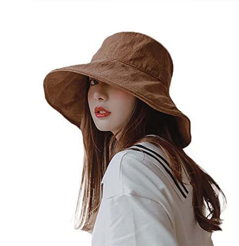 YULOONG Fischerhut Sommer-Eimerhut für Damen mit breiter Krempe Faltbarer Sonnenhut UV-Schutz Strandhut 100% Baumwolle Outdoor-Kappe Braun von YULOONG
