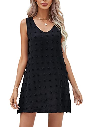 YULOONG Frauen Sommer Casual Kleid Sexy V-Ausschnitt Strand Abdeckung Oben Lose fit Tank Top Schweizer Polka Dot Weste mit Taschen Schwarz L von YULOONG