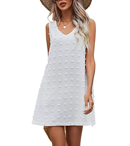 YULOONG Frauen Sommer Casual Kleid Sexy V-Ausschnitt Strand Abdeckung Oben Lose fit Tank Top Schweizer Polka Dot Weste mit Taschen Weiß L von YULOONG