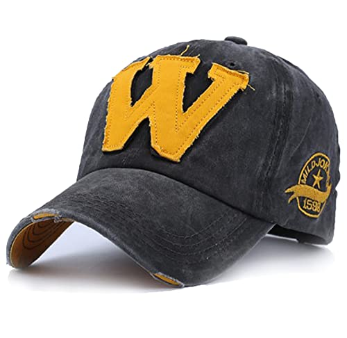 YULOONG Vintage Baseball Cap Denim Bestickt W Trucker Hat Retro Sonnenhut mit ausgefransten Kanten 100% Baumwolle Outdoor Cap Unisex Dunkelgrau von YULOONG