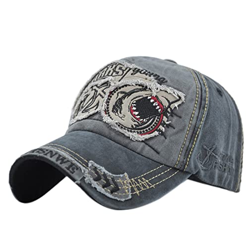 YULOONG Vintage Baseball Cap Denim Bestickter Haifisch Trucker Hut Retro Sonnenhut mit ausgefransten Kanten 100% Baumwolle Outdoor Cap Unisex B von YULOONG