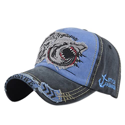 YULOONG Vintage Baseball Cap Denim Bestickter Haifisch Trucker Hut Retro Sonnenhut mit ausgefransten Kanten 100% Baumwolle Outdoor Cap Unisex C von YULOONG