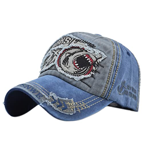 YULOONG Vintage Baseball Cap Denim Bestickter Haifisch Trucker Hut Retro Sonnenhut mit ausgefransten Kanten 100% Baumwolle Outdoor Cap Unisex D von YULOONG