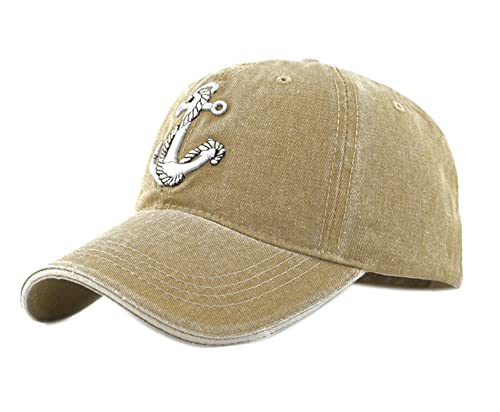 YULOONG Vintage Baseball Cap Stickerei Anker Washed Denim Trucker Cap 100% Baumwolle Sonnenhut für Männer Frauen Verstellbare Größe Khaki von YULOONG