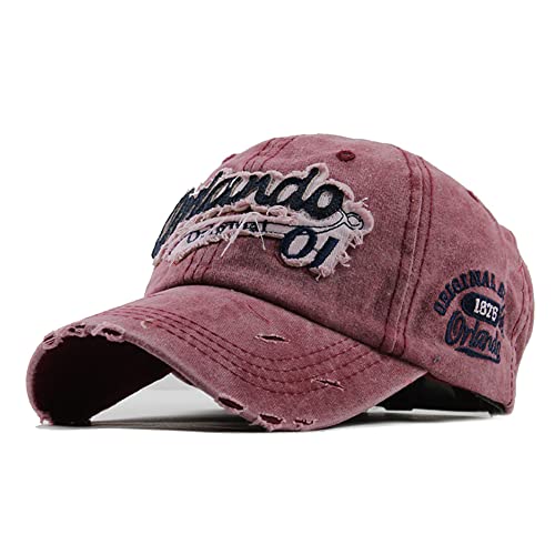 YULOONG Vintage Baseball Cap Stickerei Orlando Washed Denim Trucker Cap 100% Baumwolle Sonnenhut für Herren Damen Verstellbare Größe Rot von YULOONG