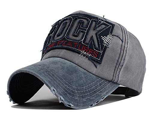 YULOONG Vintage Baseball Cap Stickerei Rock Washed Denim Trucker Cap 100% Baumwolle Sonnenhut für Männer Frauen Verstellbare Größe Grau von YULOONG