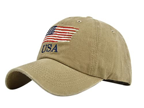 YULOONG Vintage Baseball Cap Stickerei USA Flagge Washed Denim Trucker Cap 100% Baumwolle Sonnenhut für Männer Frauen Einstellbar Khaki von YULOONG