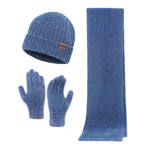 YULOONG Winter Beanie Mütze Schal Touchscreen Fahrhandschuhe 3 in 1 Set für Herren Damen Chenille Rippstrick Blau von YULOONG