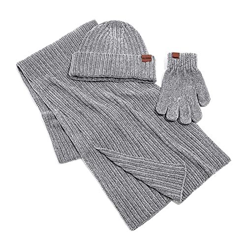 YULOONG Winter Beanie Mütze Schal Touchscreen Fahrhandschuhe 3 in 1 Set für Herren Damen Chenille Rippstrick Grau von YULOONG