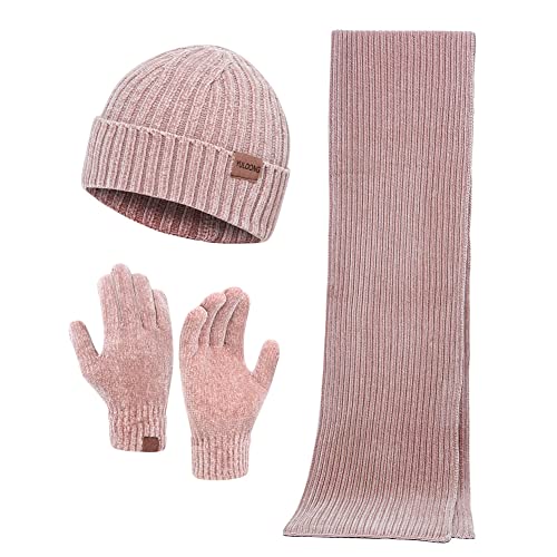 YULOONG Winter Beanie Mütze Schal Touchscreen Fahrhandschuhe 3 in 1 Set für Herren Damen Chenille Rippstrick Rosa von YULOONG