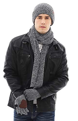 YULOONG Winter Beanie Mütze Schal Touchscreen Fahrhandschuhe 3 in 1 Set für Herren Damen Rippstrick Dunkelgrau von YULOONG