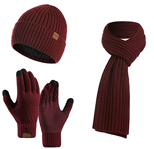 YULOONG Winter Beanie Mütze Schal Touchscreen Fahrhandschuhe 3 in 1 Set für Herren Damen Rippstrick Rot von YULOONG