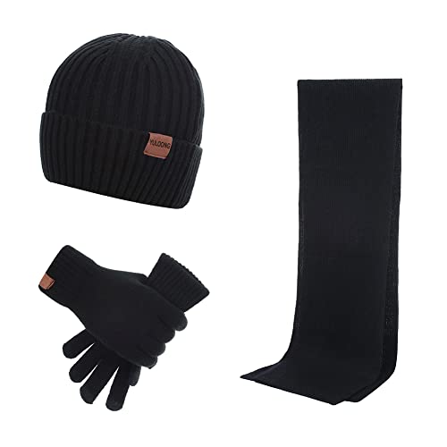 YULOONG Winter Beanie Mütze Schal Touchscreen Fahrhandschuhe 3 in 1 Set für Herren Damen Rippstrick Schwarz von YULOONG