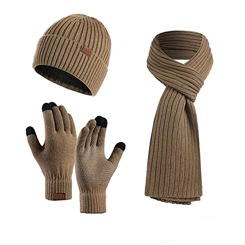 YULOONG Winter Beanie Mütze Schal Touchscreen Fahrhandschuhe Set für Herren Damen Rippstrick 3 in 1 Khaki von YULOONG