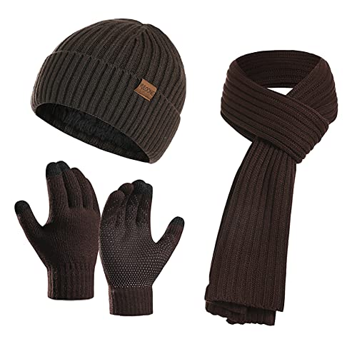 YULOONG Winter Beanie Mütze Schal Touchscreen Fahrhandschuhe für Herren Damen Rippstrick 3 in 1 Set Braun von YULOONG