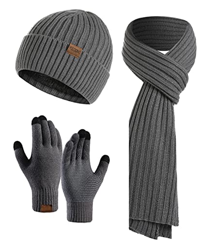 YULOONG Winter Beanie Mütze Schal Touchscreen Fahrhandschuhe für Herren Damen Rippstrick 3 in 1 Set Grau von YULOONG