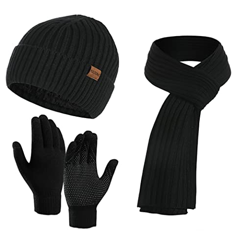 YULOONG Winter Beanie Mütze Schal Touchscreen Fahrhandschuhe für Herren Damen Rippstrick 3 in 1 Set Schwarz von YULOONG