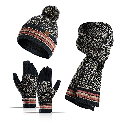 YULOONG Winter Beanie Mütze Schal Touchscreen Handschuhe 3 in 1 Set für Damen Rippstrick Marine von YULOONG