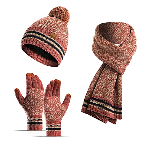 YULOONG Winter Beanie Mütze Schal Touchscreen Handschuhe 3 in 1 Set für Damen Rippstrick Rot von YULOONG