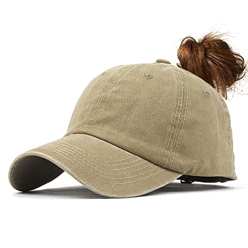 YULOONG Womens Baseball Cap Messy Bun Pferdeschwanz Vintage Denim Ponycaps Verstellbare Baumwolle Sommer Sonnenhut Polo-Stil Klassische Sport Lässige Schirmmütze (C-Beige) von YULOONG