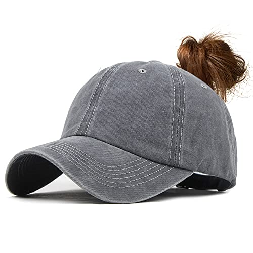 YULOONG Womens Baseball Cap Messy Bun Pferdeschwanz Vintage Denim Ponycaps Verstellbare Baumwolle Sommer Sonnenhut Polo-Stil Klassische Sport Lässige Schirmmütze (C-Grau) von YULOONG