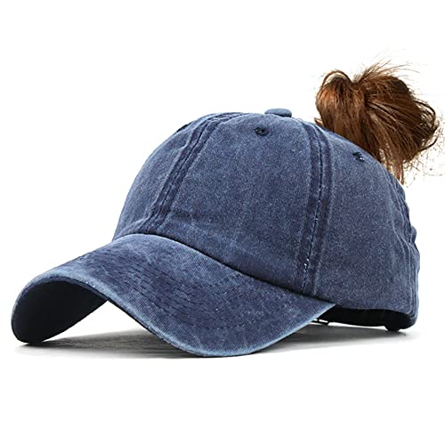 YULOONG Womens Baseball Cap Messy Bun Pferdeschwanz Vintage Denim Ponycaps Verstellbare Baumwolle Sommer Sonnenhut Polo-Stil Klassische Sport Lässige Schirmmütze (C-Marine) von YULOONG