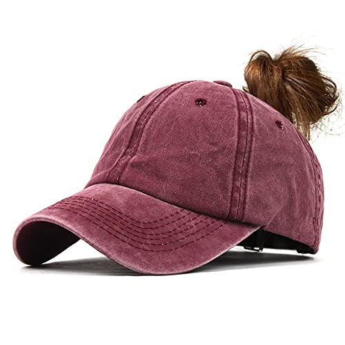 YULOONG Womens Baseball Cap Messy Bun Pferdeschwanz Vintage Denim Ponycaps Verstellbare Baumwolle Sommer Sonnenhut Polo-Stil Klassische Sport Lässige Schirmmütze (C-Rot) von YULOONG