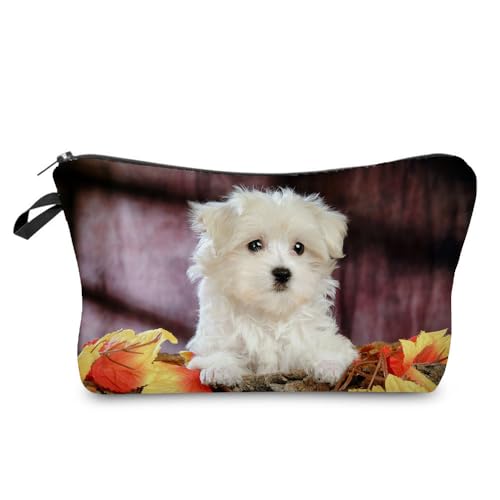 YULUENZE Hunde-Kosmetiktasche für Damen, niedlich, klein, Make-up-Tasche mit Reißverschluss für Mädchen, Hunde-Kulturbeutel, Geschenke für Frauen (Malteser-Hund), hz10460, Bedruckte Make-up-Tasche mit von YULUENZE