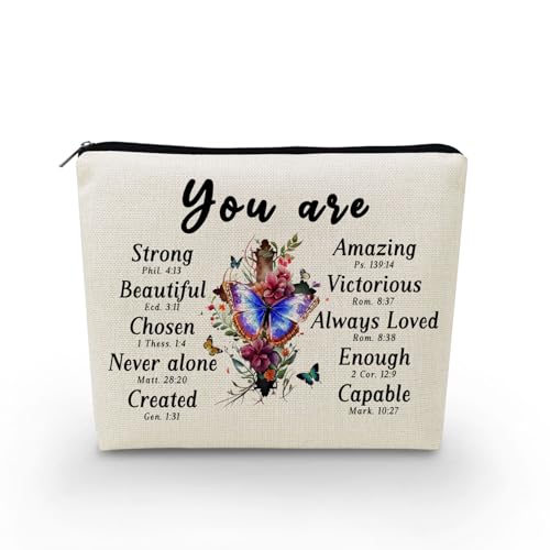 YULUENZE Kosmetiktasche mit Bibelvers und Schmetterling, Kreuz, Kulturbeutel, Organizer, Tasche mit Reißverschluss, "You Are Stark", aus Segeltuch, inspirierendes Geschenk für Frauen, Freunde, von YULUENZE