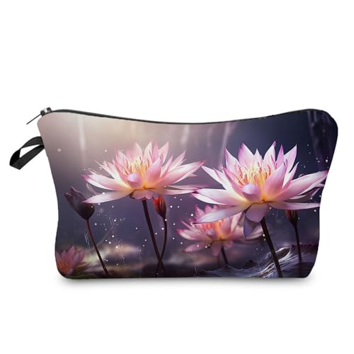 YULUENZE Kosmetiktasche mit Blumenmuster für Damen, niedlich, klein, Make-up-Organizer-Tasche mit Reißverschluss für Mädchen, Motiv: Wasserlilie, Kulturbeutel, Geschenke für Frauen (Lotusblume), von YULUENZE