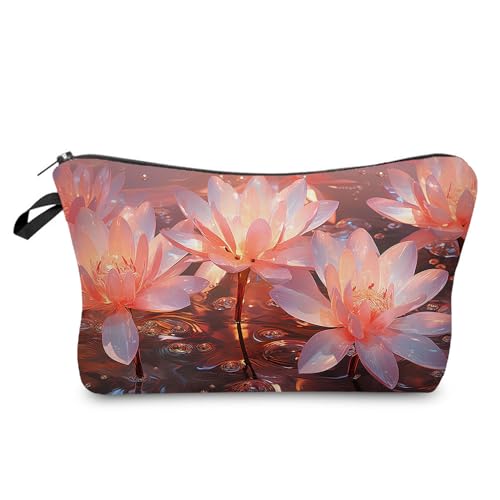 YULUENZE Kosmetiktasche mit Blumenmuster für Damen, niedlich, klein, Make-up-Organizer-Tasche mit Reißverschluss für Mädchen, Motiv: Wasserlilie, Kulturbeutel, Geschenke für Frauen (Lotusblume), von YULUENZE