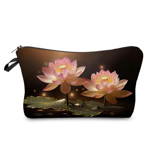 YULUENZE Kosmetiktasche mit Blumenmuster für Damen, niedlich, klein, Make-up-Organizer-Tasche mit Reißverschluss für Mädchen, Motiv: Wasserlilie, Kulturbeutel, Geschenke für Frauen (Lotusblume), von YULUENZE