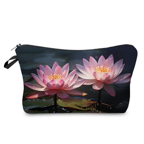 YULUENZE Kosmetiktasche mit Blumenmuster für Damen, niedlich, klein, Make-up-Organizer-Tasche mit Reißverschluss für Mädchen, Motiv: Wasserlilie, Kulturbeutel, Geschenke für Frauen (Lotusblume), von YULUENZE