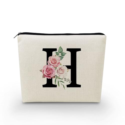 YULUENZE Kosmetiktasche mit Initial H Pink Rose A-Z, personalisierbar, Monogramm-Make-up-Tasche mit Reißverschluss, Reise-Kulturbeutel für Geldbörse, Geburtstagsgeschenk, Hochzeitsgeschenk für Braut, von YULUENZE