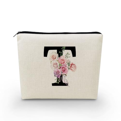 YULUENZE Kosmetiktasche mit Initial T Pink Rose A-Z, personalisierbar, Monogramm-Make-up-Tasche mit Reißverschluss, Reise-Kulturbeutel für Geldbörse, Geburtstagsgeschenk, Hochzeitsgeschenk für Braut, von YULUENZE