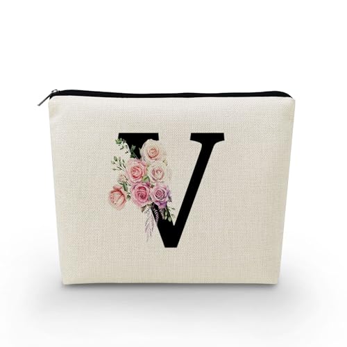 YULUENZE Kosmetiktasche mit Initial V und rosa Rose, A-Z, personalisierbar, mit Reißverschluss, Reise-Kulturbeutel für Geldbörse, Geburtstagsgeschenk, Hochzeitsgeschenk für Braut, Brautjungfer, von YULUENZE