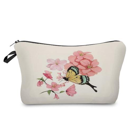 YULUENZE Kosmetiktasche mit Schmetterlings-Blumenmuster für Damen, niedlich, klein, Make-up-Tasche mit Reißverschluss für Mädchen, Schmetterlings-Blumenmuster, Make-up-Tasche, Geschenke für Frauen, von YULUENZE