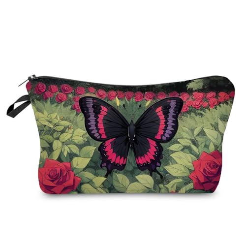 YULUENZE Kosmetiktasche mit Schmetterlings-Blumenmuster für Damen, niedlich, klein, Make-up-Tasche mit Reißverschluss für Mädchen, Schmetterlings-Blumenmuster, Make-up-Tasche, Geschenke für Frauen, von YULUENZE