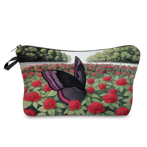 YULUENZE Kosmetiktasche mit Schmetterlings-Blumenmuster für Damen, niedlich, klein, Make-up-Tasche mit Reißverschluss für Mädchen, Schmetterlings-Blumenmuster, Make-up-Tasche, Geschenke für Frauen, von YULUENZE