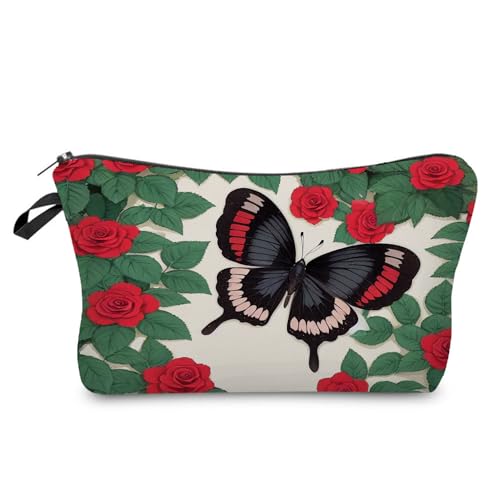 YULUENZE Kosmetiktasche mit Schmetterlings-Blumenmuster für Damen, niedlich, klein, Make-up-Tasche mit Reißverschluss für Mädchen, Schmetterlings-Blumenmuster, Make-up-Tasche, Geschenke für Frauen, von YULUENZE