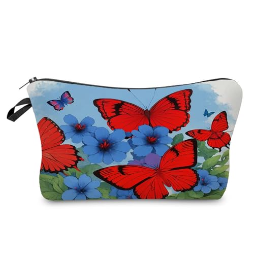 YULUENZE Kosmetiktasche mit Schmetterlings-Blumenmuster für Damen, niedlich, klein, Make-up-Tasche mit Reißverschluss für Mädchen, Schmetterlings-Blumenmuster, Make-up-Tasche, Geschenke für Frauen, von YULUENZE