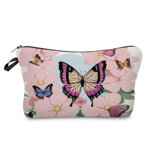 YULUENZE Kosmetiktasche mit Schmetterlings-Blumenmuster für Damen, niedlich, klein, Make-up-Tasche mit Reißverschluss für Mädchen, Schmetterlings-Blumenmuster, Make-up-Tasche, Geschenke für Frauen, von YULUENZE